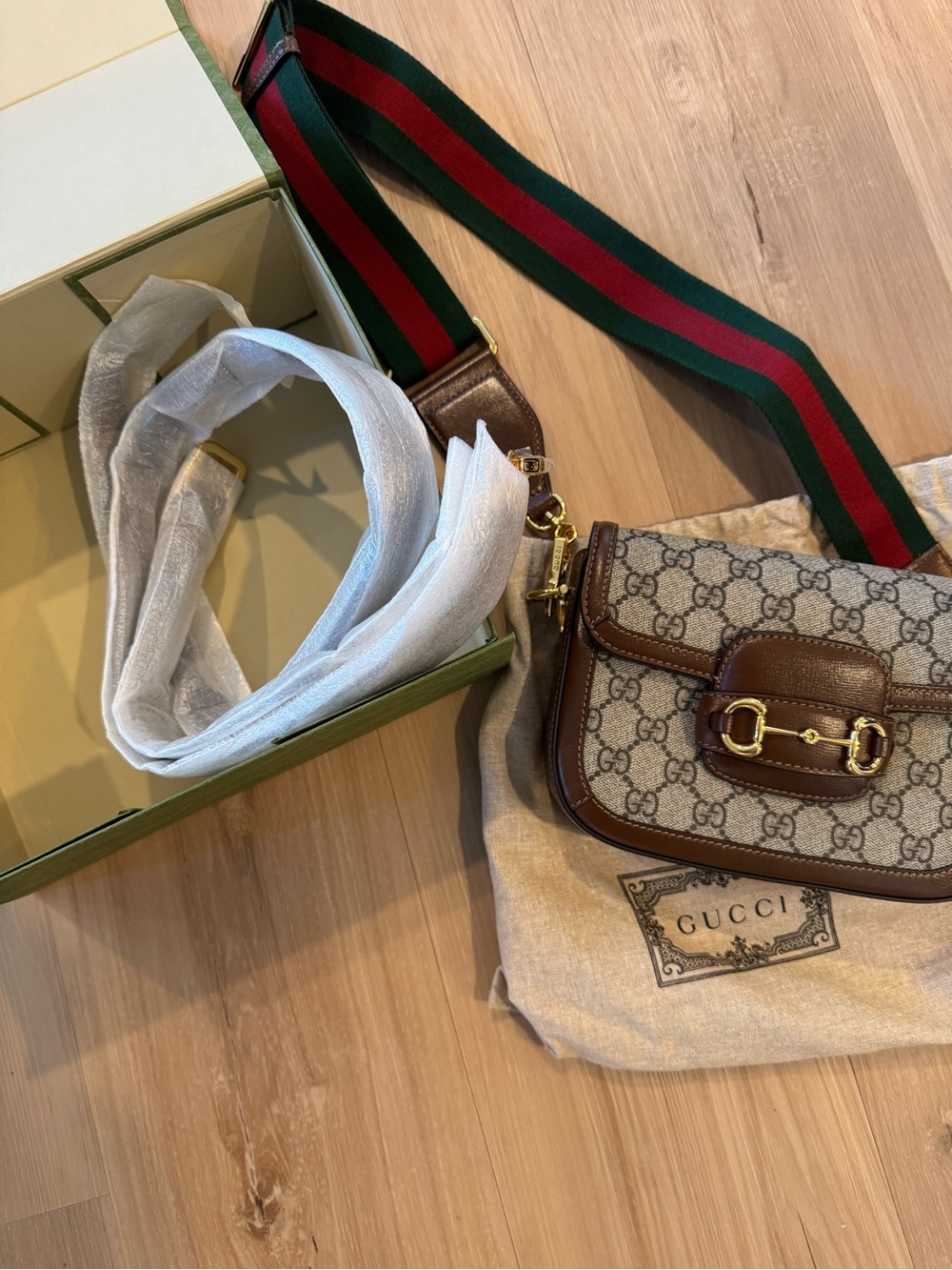 Gucci Beige GG Supreme Canvas Crossbody with Brown Leather & Green-Red Web Strap